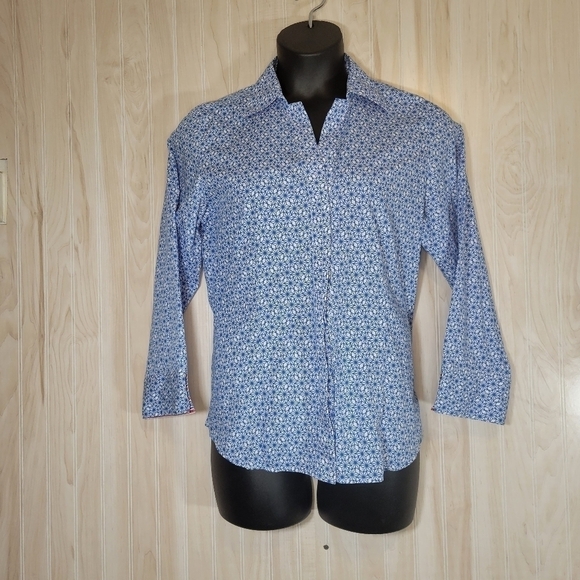 Foxcroft Blue Geometric Wrinkle Free Button Down Top Sz 14 - Picture 1 of 5